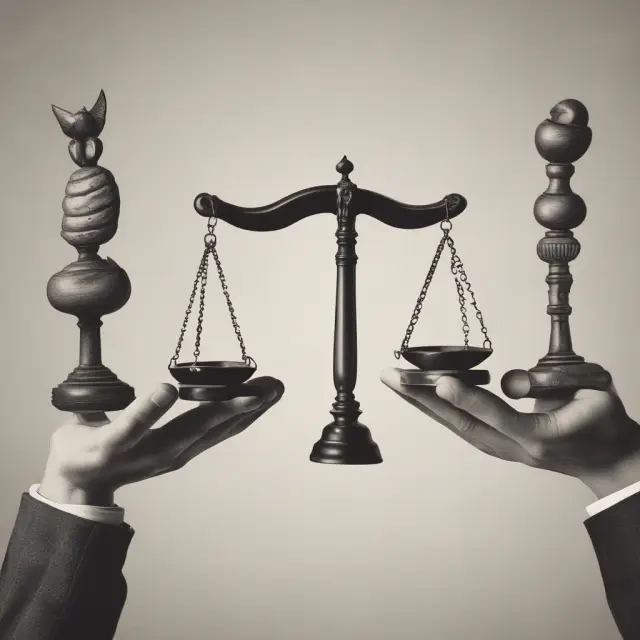 A hand each holds a scale with weights labeled 