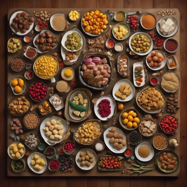 An image of a beautifully set dining table featuring a variety of food items representing different commodities, such as corn, crude oil, gold, copper, and silver.