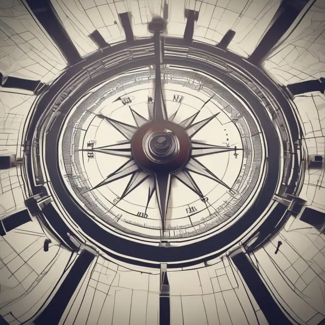 Compasses pointing to various market segment maps, representing benchmarks guiding investment strategies.
