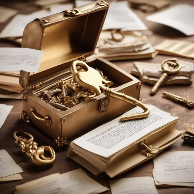 A golden key opens a treasure chest filled with various documents symbolizing transparency in beneficial ownership for securities and real estate transactions