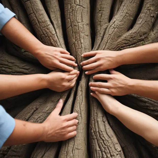 A hand-carved tree trunk with faces of loved ones, representing beneficiaries ensuring legacy and respecting wishes