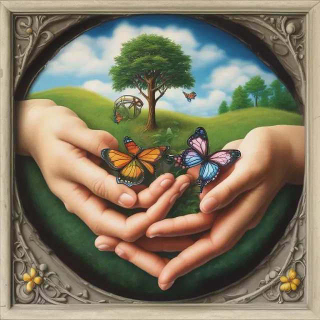 An IRA represented by interconnected spheres: a couple holding hands symbolizing spousal rollover, growing trees for children