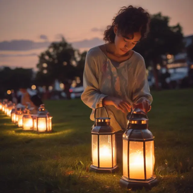 A serene scene of glowing legacy lanterns lighting up a winding path for loved ones, representing beneficiaries and their crucial role in guiding asset distribution as per your wishes.