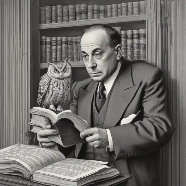 An image of Benjamin Graham as a wise owl, surrounded by financial books and papers, representing his wisdom and guidance in value investing