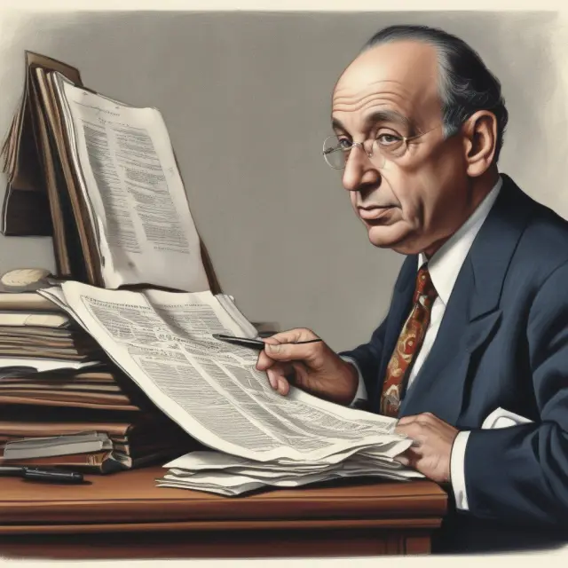 Benjamin Graham sifting through financial statements to unearth undervalued gems using the Graham Formula