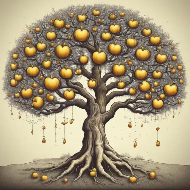 Tree symbolizing the influence of Benjamin Graham on Warren Buffett, adorned with golden apples representing wisdom