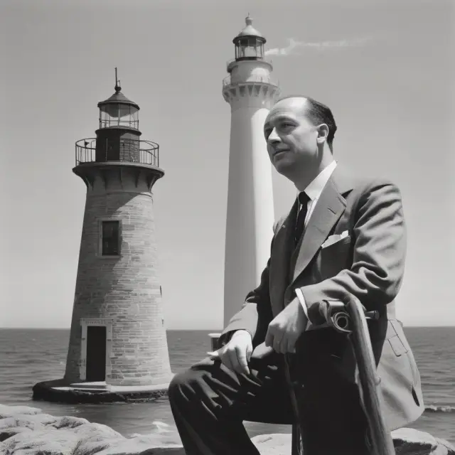 Benjamin Graham symbolized as a lighthouse, beaming insight to financial researchers.