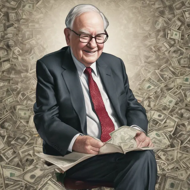 Warren Buffett tending a flourishing garden filled with diverse, undervalued stocks, symbolizing his value-oriented investment strategy