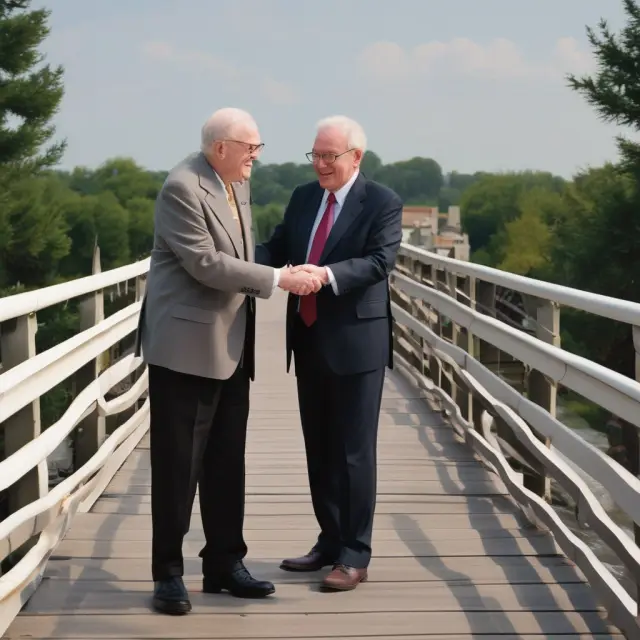 An elderly Warren Buffett handing a baton to Greg Abel on a bridge, symbolizing the transition of leadership at Berkshire Hathaway