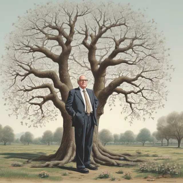 Warren Buffett examining a tree of investments, representing the power of value investing