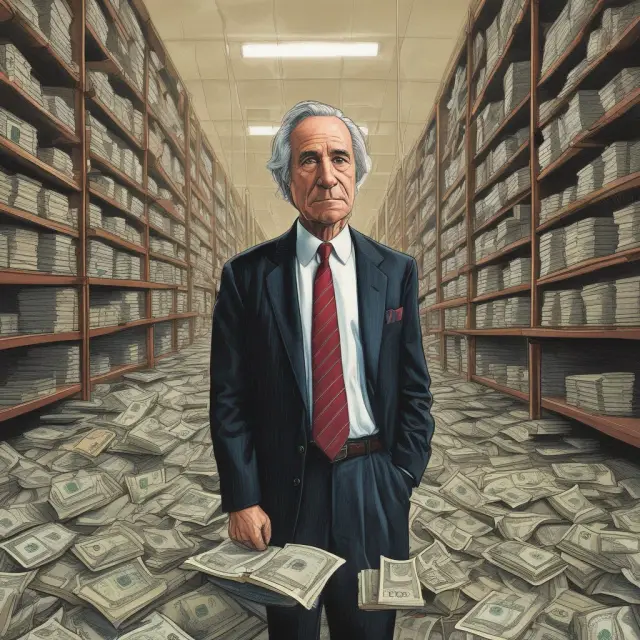 An image of Bernie Madoff weaving a complex web, symbolizing his intricate Ponzi scheme.
