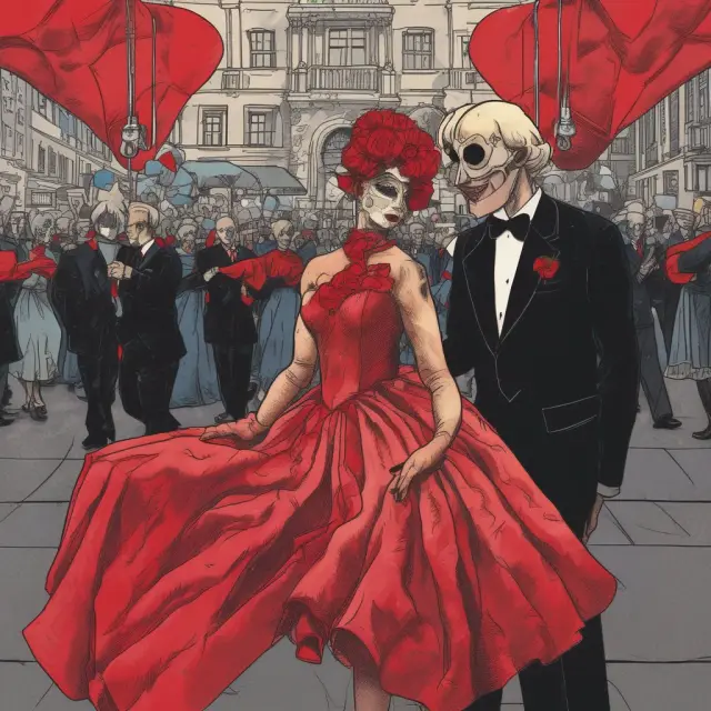 An elegant masquerade ball scene where investors dance, unaware of the hidden red flags within Bernie Madoff