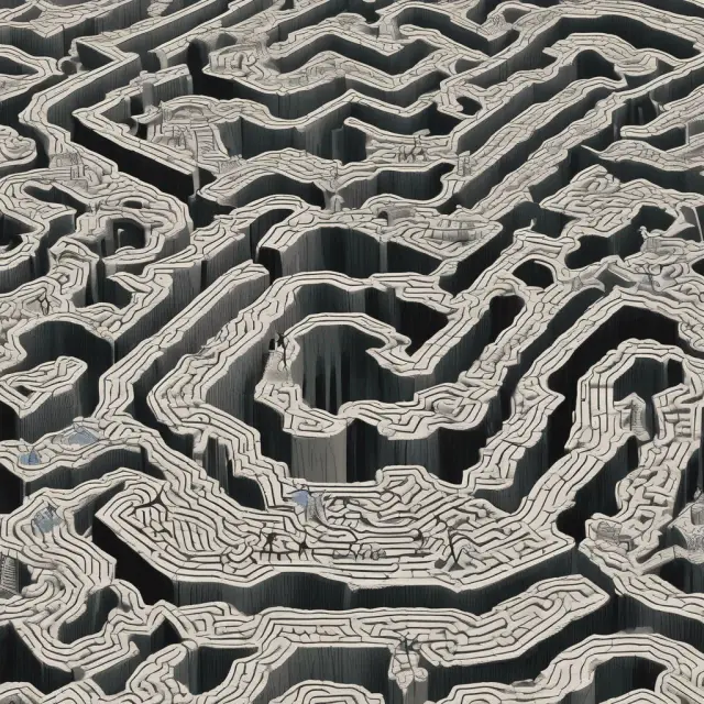 Regulators exploring a complex maze filled with interwoven financial webs, seeking missed opportunities to uncover fraud
