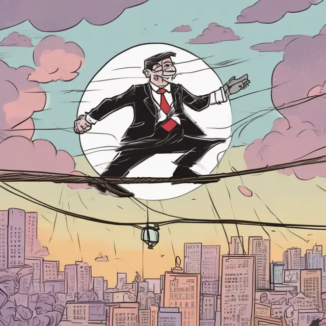 A negotiator standing on a tightrope, balancing between potential BATNAs while considering various alternatives. Pitfalls lurk beneath.