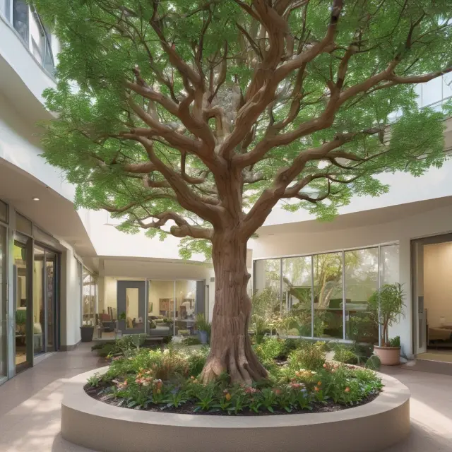 A tree laden with ripe fruit representing knowledge sprouts from a care-oriented garden, with healthcare professionals and patients interacting around it