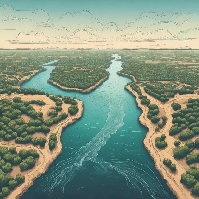 River symbolizing research, communication, metrics, change, evaluation, and refinement converging into a single stream, illustrating the setting of effective best practices