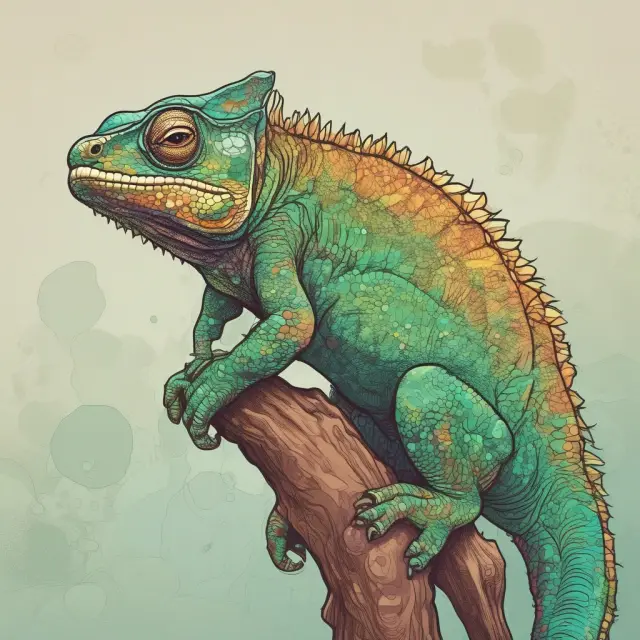 A chameleon representing beta with historical data, showcasing the past color changes but hinting at uncertain future movements