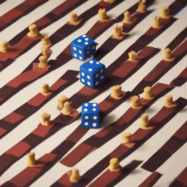 Beta represented by volatility dice rolling on a chessboard, symbolizing risk relative to the market.