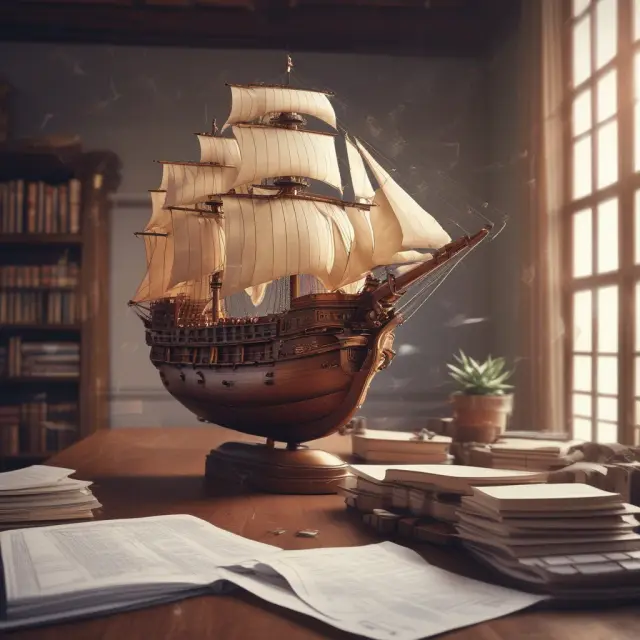 An entrepreneur on a boat sails towards Suruhanjaya Syarikat Malaysia (SSM), surrounded by registration forms and documents, symbolizing the process of incorporating a BHD or SDN Bhd in Malaysia.