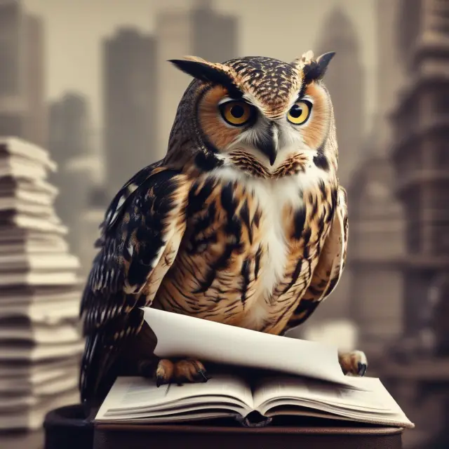 An owl carefully examines papers to represent the importance of consulting a lawyer when registering a Malaysian business
