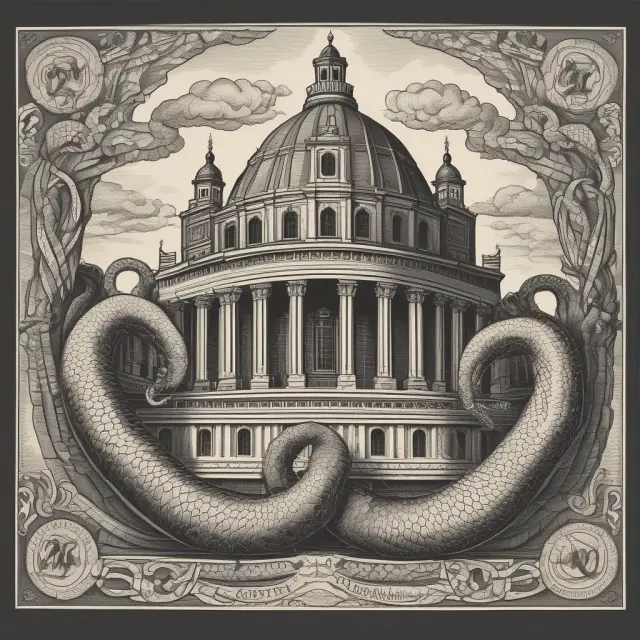 Intertwined serpents forming a parliament building, representing the historical development of bicameral systems in England and the U.S.