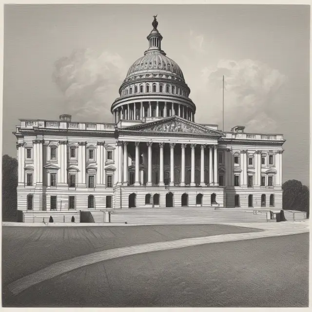 A pair of scales with two legislative houses, symbolizing bicameralism and the balance it brings to government