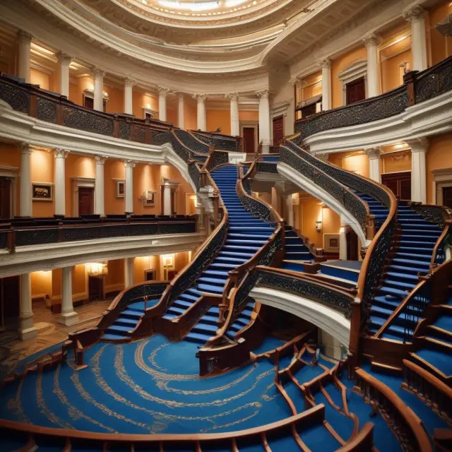 An image depicting a metaphorical staircase connecting the House of Representatives, symbolizing diversity, and the Senate, embodying stability, within the U.S. bicameral legislative system