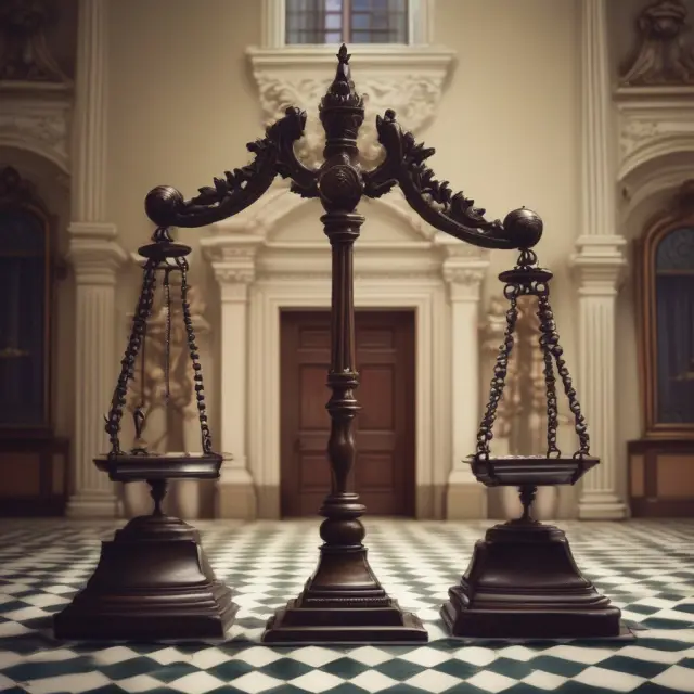 Two houses in a grand legislative hall symbolizing balance through checks and deliberation in a bicameral system. Balance scales represent power shifting between chambers.