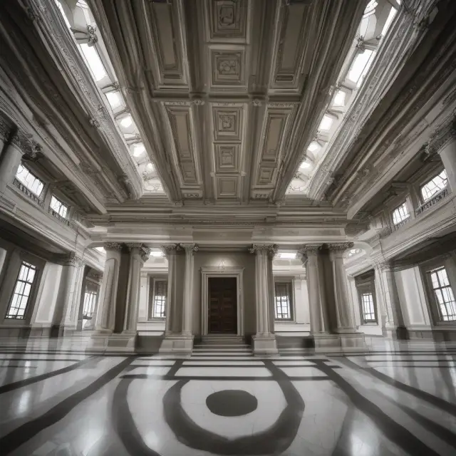 A legislative building with two chambers merging, representing the balance of power and checks & balances in bicameralism for financial decision-making.