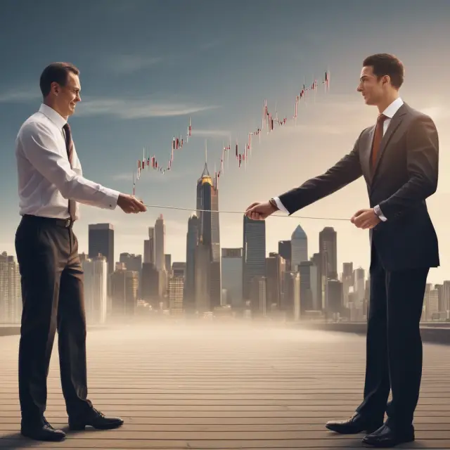 Two wrestlers representing buyers and sellers locked in a struggle over a financial abyss, symbolizing the bid-ask spread as the critical liquidity indicator.