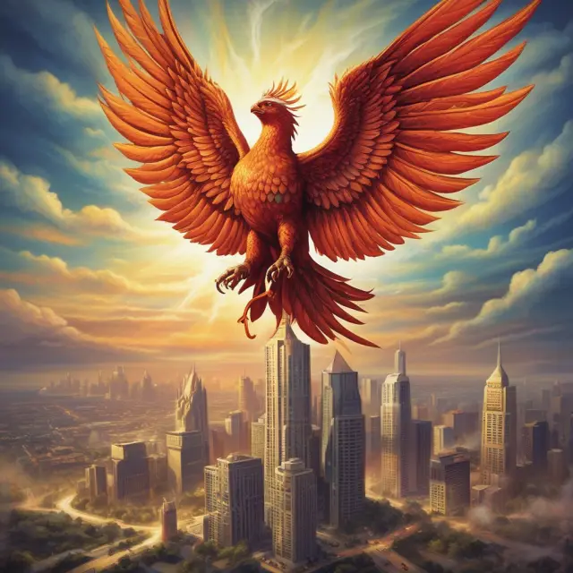 A mythical phoenix representing a contractor rises from ashes, emphasizing the crucial role of surety companies in evaluating financial merits and granting bid bonds