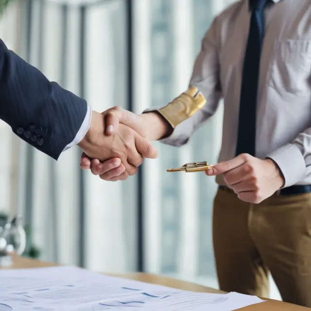 A contractor extending a golden handshake as a metaphorical bid bond, emphasizing their commitment to fulfilling bids.