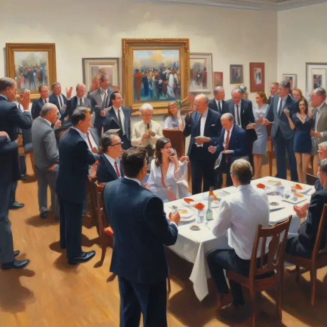 A group of determined buyers raise paddles at an auction, competing to secure a unique artwork. This image represents the competitive nature and transparency of auction bids.