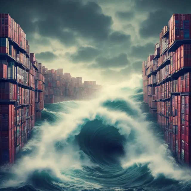 A data tsunami filled with various data types flows into a harbor where structured and unstructured storage solutions are docked, ready to receive and process the information