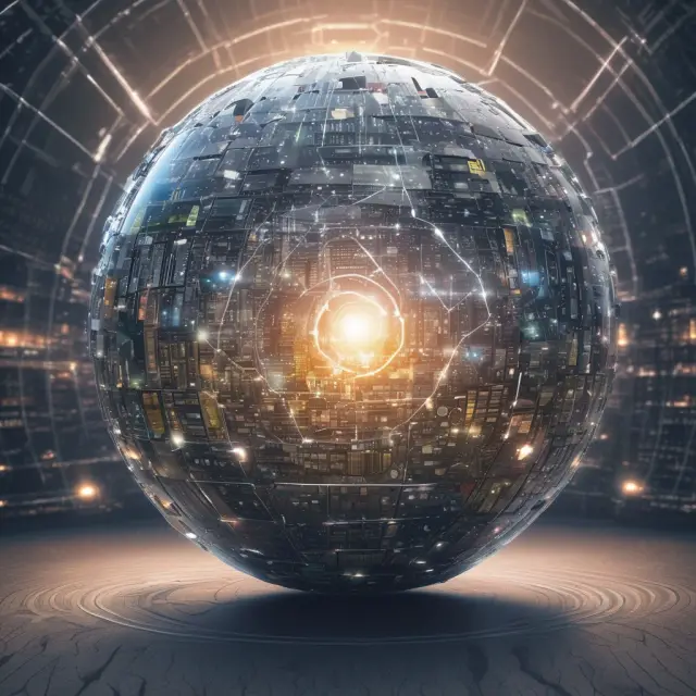 A large sphere representing big data engulfs a financial institution, highlighting improvements in marketing, risk assessment, fraud detection, and customer satisfaction