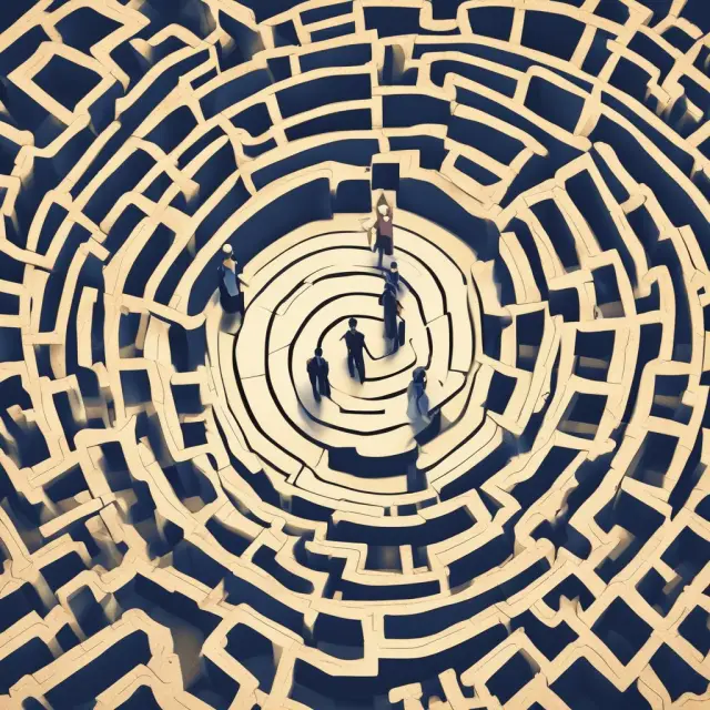 Two figures representing GDPR and HIPAA regulations protectively observing an intricate maze of interconnected data streams in the financial sector