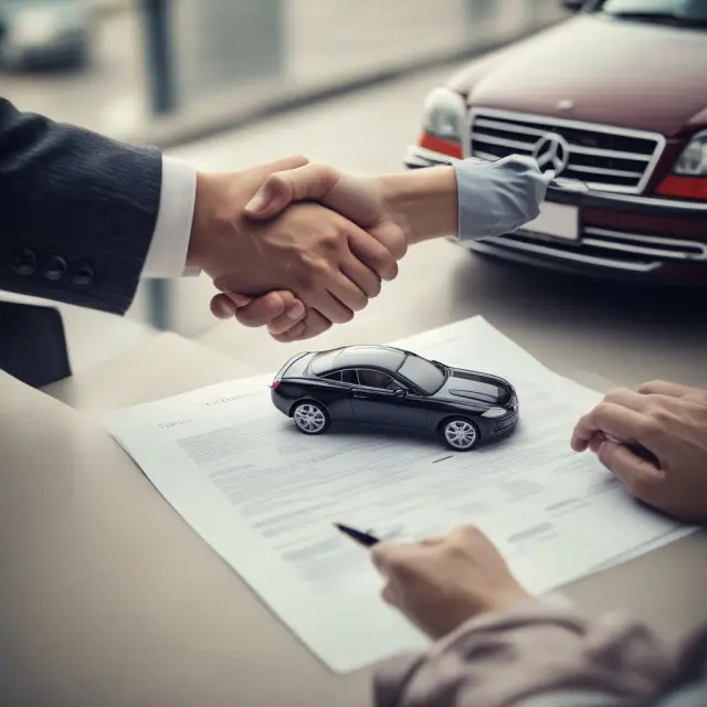 Two hands shaking on a contract as a car is driven smoothly in-between, symbolizing a successful bilateral car sale agreement