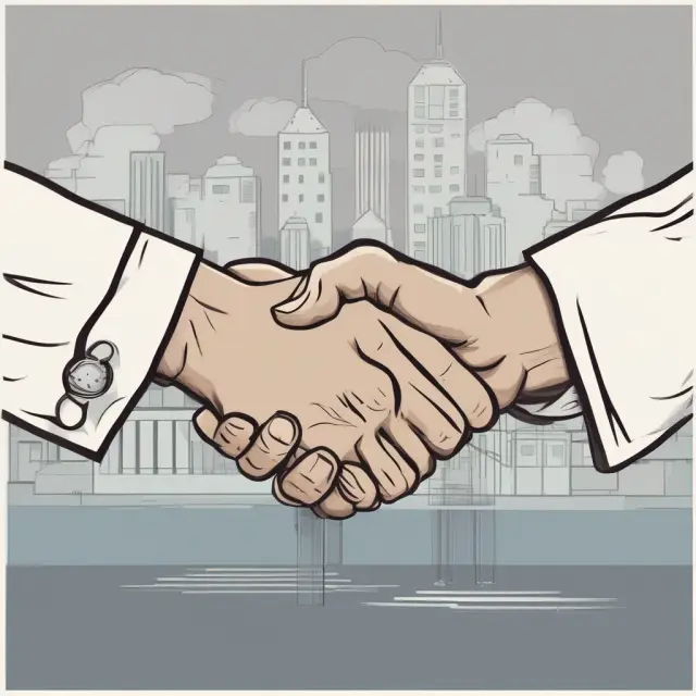 Three parties representing sales, employment, and real estate shaking hands over a stack of contracts