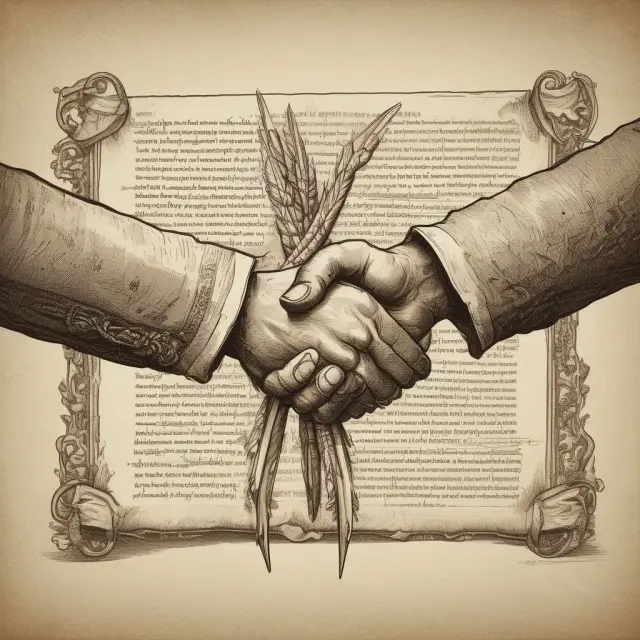 Handshake with two parties sealing a written contract with quills on a parchment.