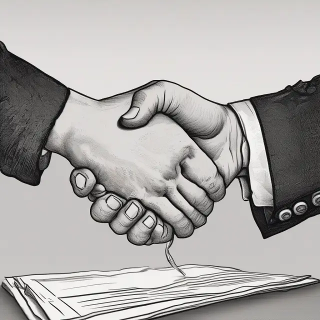 Two hands shaking on a contract with the words 