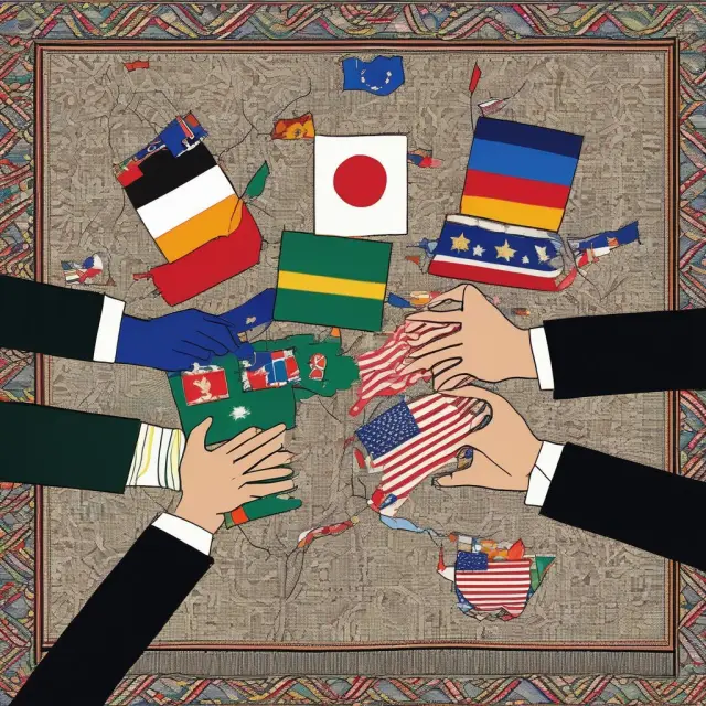 Two hands weaving a tapestry representing the creation of a bilateral trade agreement between two nations.