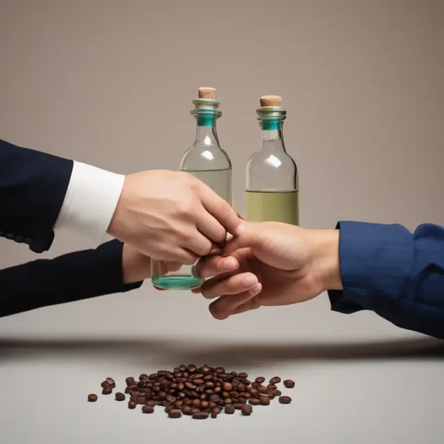 Two hands symbolizing the United States engaging in bilateral trade agreements with Peru and Brazil, illustrated by Peruvian pisco bottles and Brazilian coffee beans