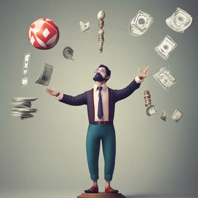 A juggler deftly balancing bills and coins represents effective billing cycle management for cash flow and customer relationships.