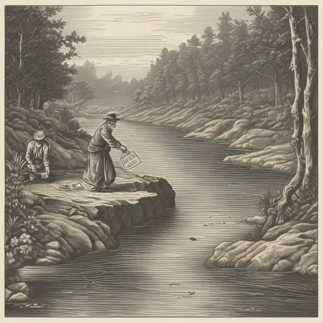 Two financial instruments: a man hands a bill of exchange, an independent document, while a check floats in a bank