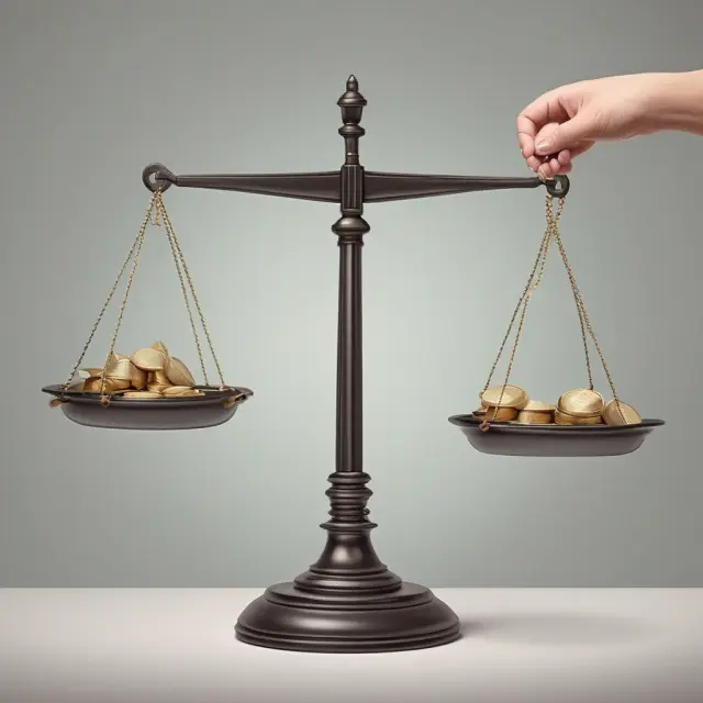 A scale tilts between two hands, with a bill of exchange on one side illustrating the advantages and a downside arrow symbolizing disadvantages in international trade.