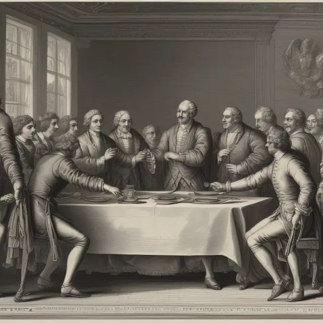Three figures in period costumes create a bill of exchange. The drawer passes a document to the drawee, who signs and hands it over to the payee. Symbolizing international business transactions
