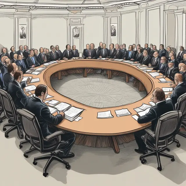 Disputing parties gather around a roundtable with an impartial arbitrator mediating between them in the context of bill of exchange transactions.