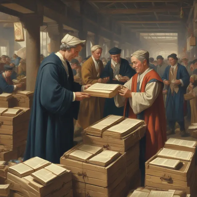 Two parties conducting business, one handing over a bill of lading scroll to the other, surrounded by a bustling market scene