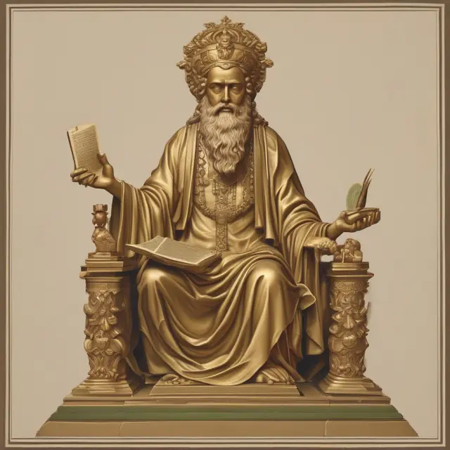 A wise figure holds a golden triad of scales, symbolizing bill of lading functions: document of title, receipt for shipped goods, and contract between shipper and carrier