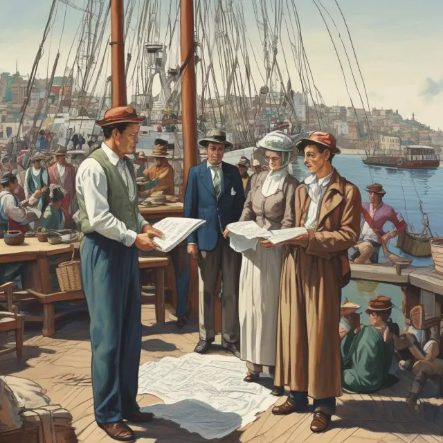 Vendor hands off a signed bill of lading to shipping co. representative in a busy harbor scene, symbolizing the process for shipping goods